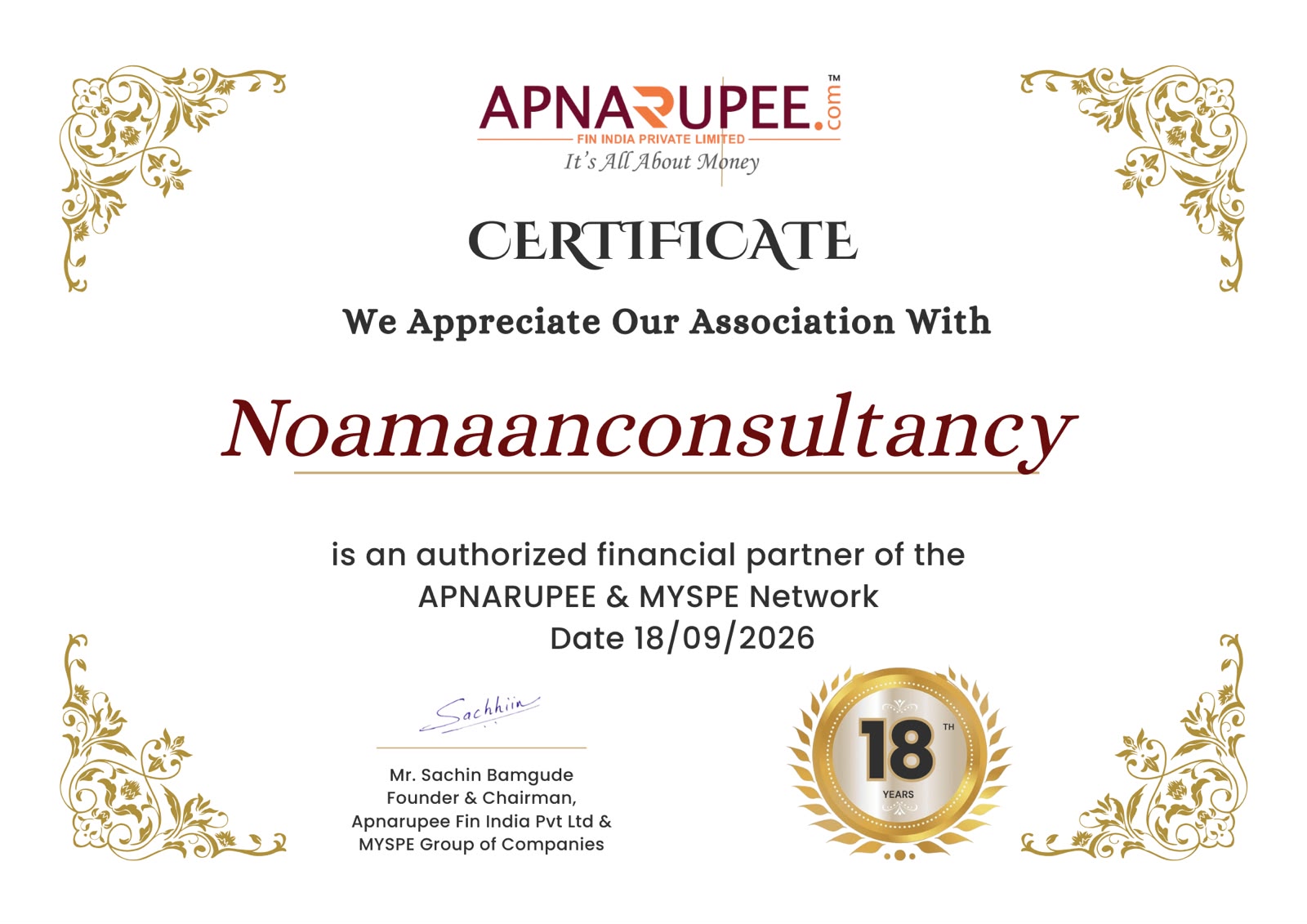 Official Certificate: Noamaan Consultancy is an authorized financial partner of APNARUPEE and MYSPE Network
