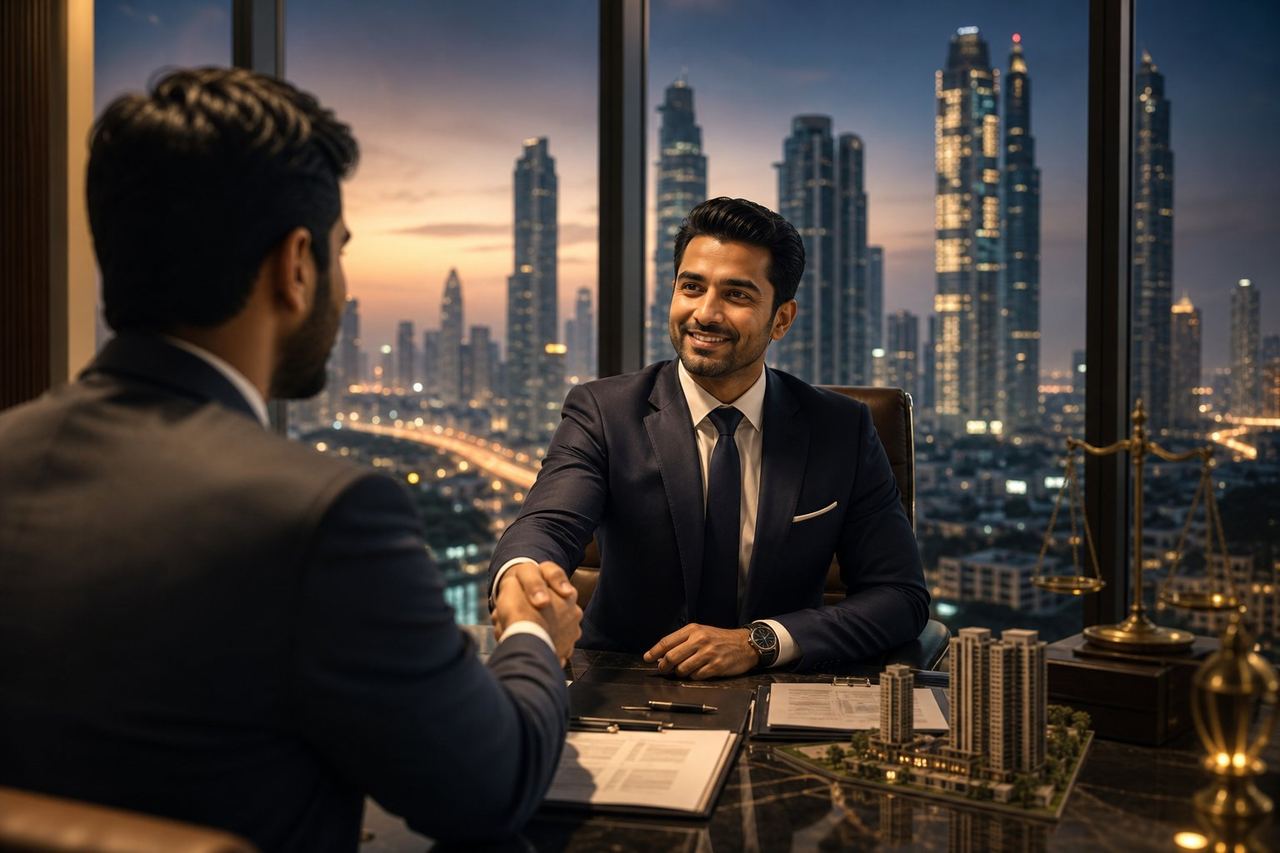 Noamaan Consultancy Services advisor meeting a client — real estate, legal and settlement consultancy in Mumbai